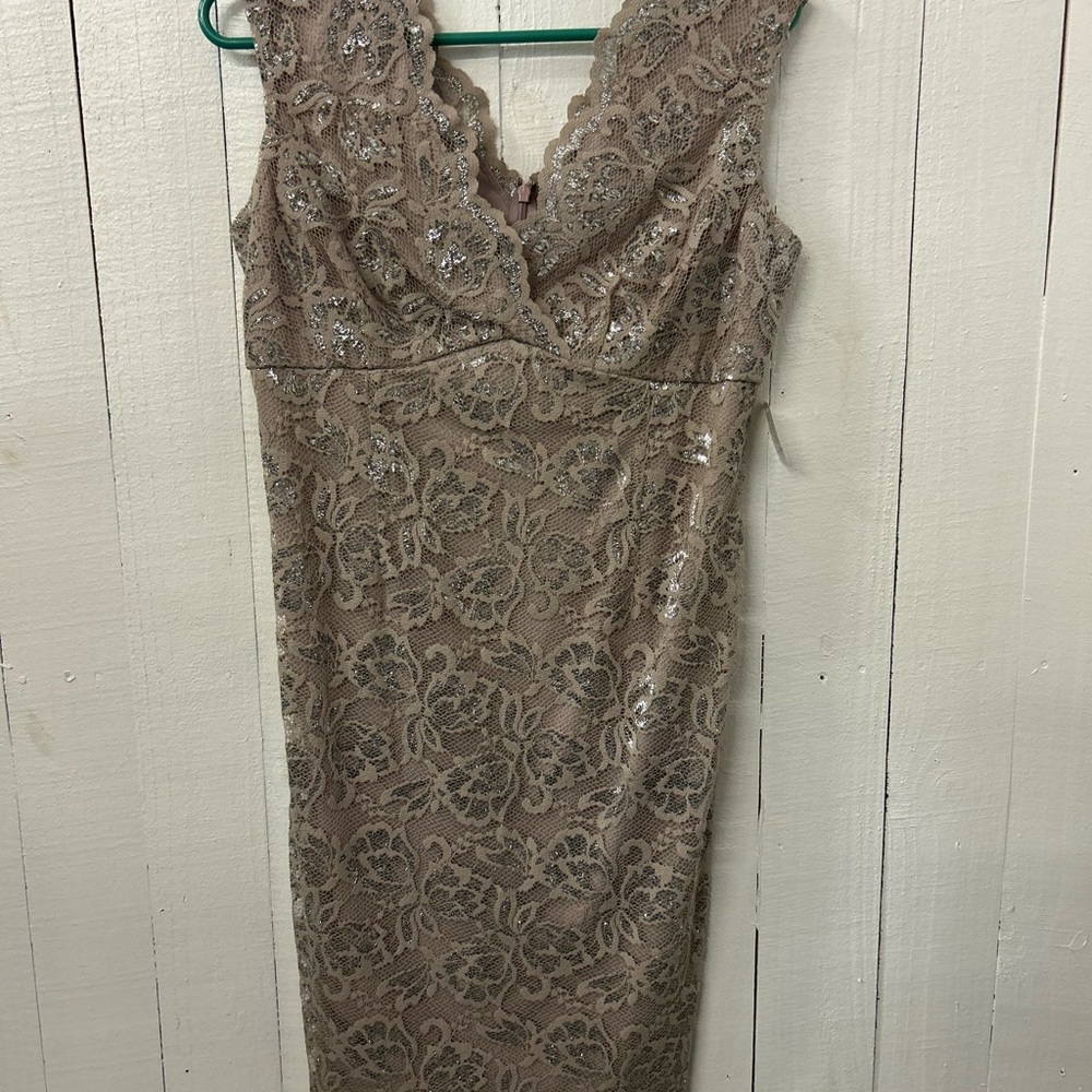 Mariana Silver and Tan Lace Sheath Midi Sleeveless Dress